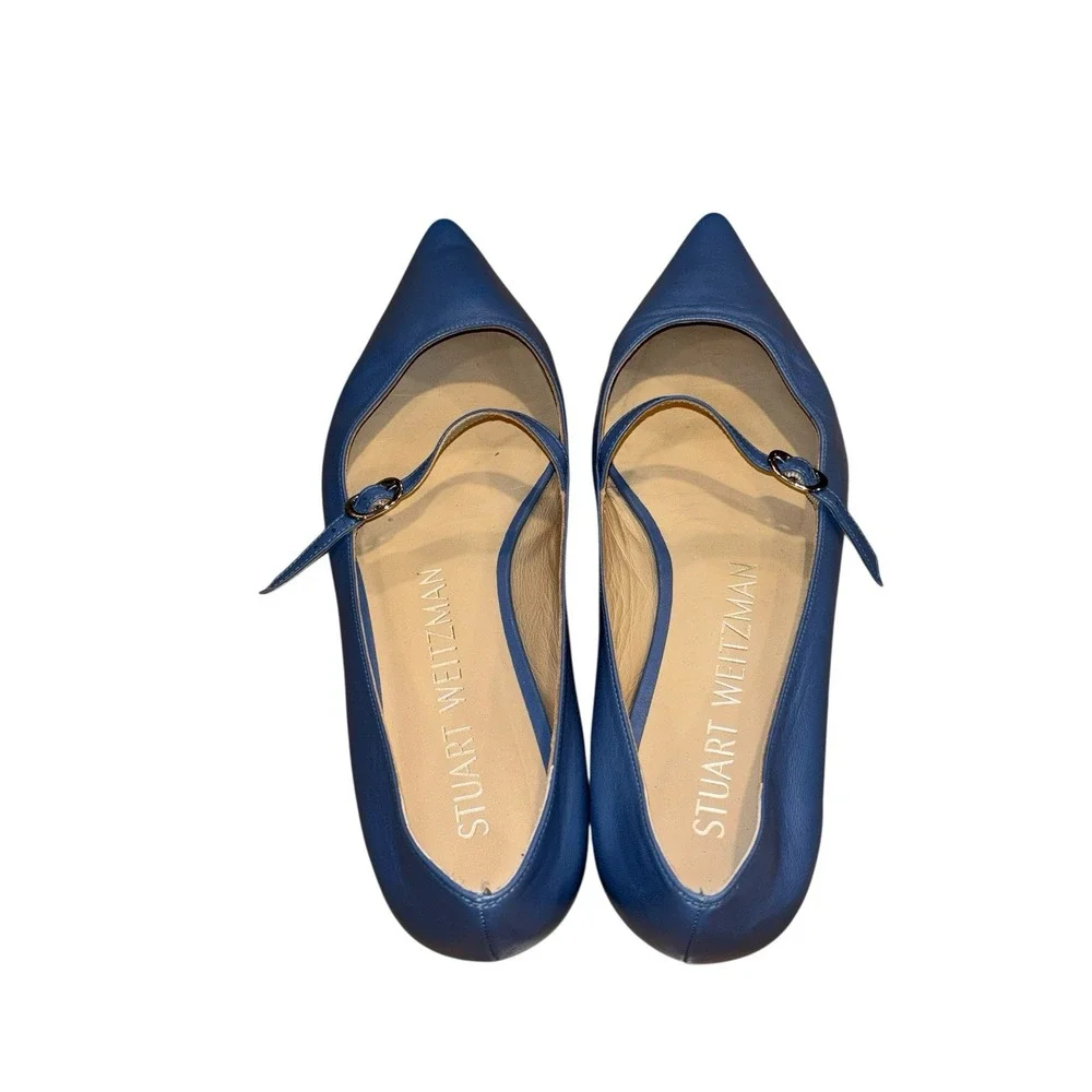 Stuart Weitzman Emilia Mary Jane Flats Blue Leather Ballet Pointed Toe 39 US 8.5 - Picture 8 of 9